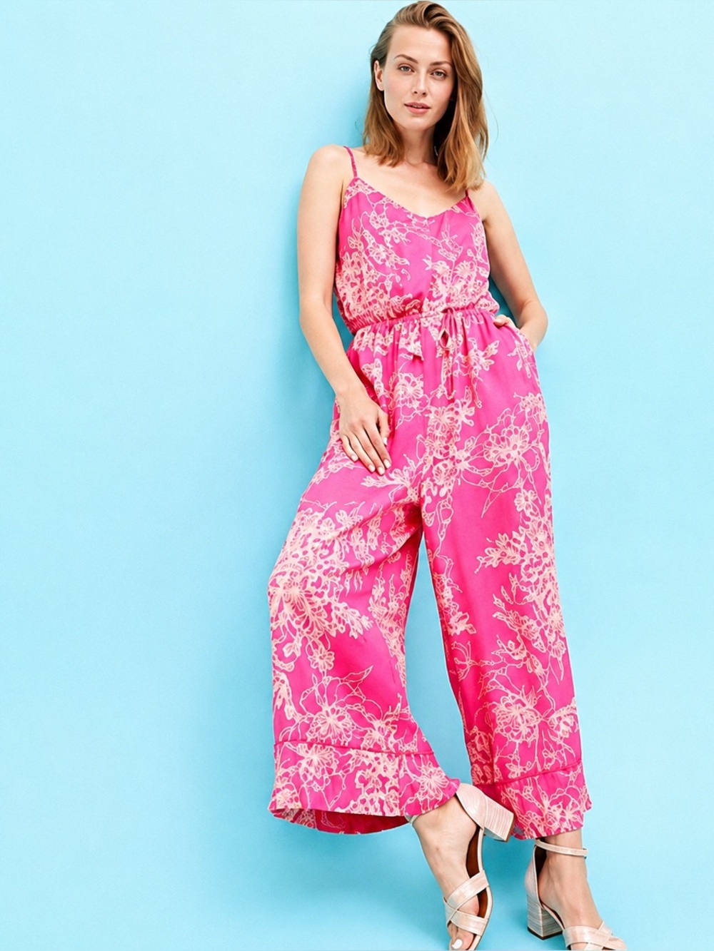 June & Hudson Pink Floral Wide Leg Jumpsuit XS
